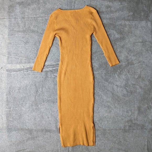 Women's Small Mustard Yellow Rib Knit Bodycon Button Up Dress with Slit - Picture 3 of 9